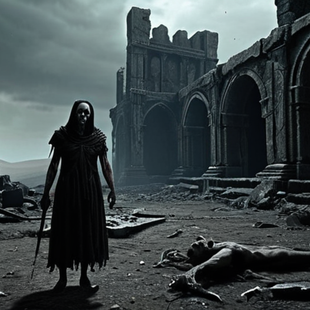 A lone, battle-hardened Exile, showing clear signs of struggle and despair, stands amidst the desolate and grim landscape of Wraeclast. The scene is dominated by twisted, ancient ruins, skeletal remains, and murky, blood-stained earth. The lighting is oppressive and dim, emphasizing deep shadows that hint at unseen horrors. The visual style should be intensely Gothic and dark fantasy, with subtle elements of grotesque body horror and a pervasive sense of psychological dread, reflecting the brutal and unforgiving nature of the world.