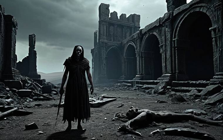 A lone, battle-hardened Exile, showing clear signs of struggle and despair, stands amidst the desolate and grim landscape of Wraeclast. The scene is dominated by twisted, ancient ruins, skeletal remains, and murky, blood-stained earth. The lighting is oppressive and dim, emphasizing deep shadows that hint at unseen horrors. The visual style should be intensely Gothic and dark fantasy, with subtle elements of grotesque body horror and a pervasive sense of psychological dread, reflecting the brutal and unforgiving nature of the world.