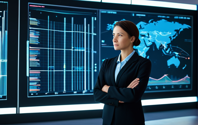 A professional female data analyst in modest business attire, fully clothed, appropriate dress, standing thoughtfully before a large, interactive holographic display. The sleek, futuristic office is filled with soft, ambient lighting. The holographic display shows complex, abstract data visualizations, resembling node graphs and layered information, hinting at intricate strategy and analysis. Perfect anatomy, correct proportions, natural pose, well-formed hands, proper finger count, natural body proportions, professional photography, high detail, sharp focus, vibrant colors, safe for work, appropriate content, fully clothed, professional.