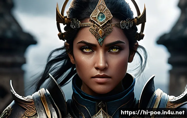 패스 오브 엑자일 팬 북 발매 정보 - **Prompt:** A highly detailed, dramatic close-up of a formidable female warrior from Path of Exile 2...